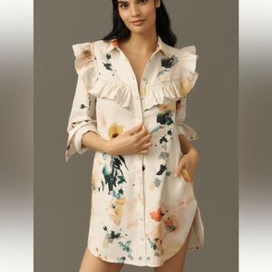 NWOT Anthropologie Pilcro Ruffle Floral Print Denim Mini Shirt Dress